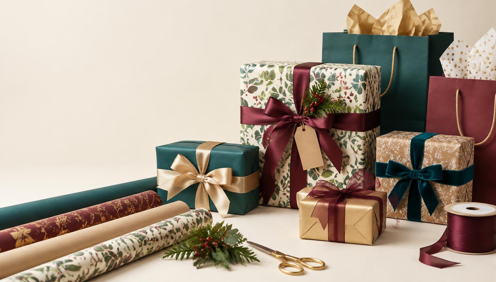 Cadeaus verpakt in luxe inpakpapier met linten